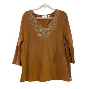Quacker Factory Brown Rhinestone Embellished Studded Knit T-Shirt 3/4 Sleeve L